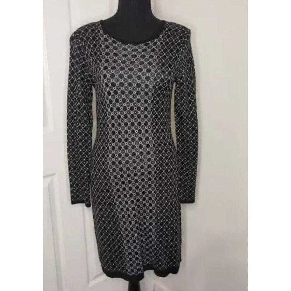 Cynthia Rowley‎ Black & White Geometric Long Sleeve Knit Sweater Dress M